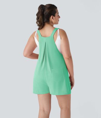 Adjustable Strap Button Multiple Pockets Waffle Casual Plus Size Dungarees