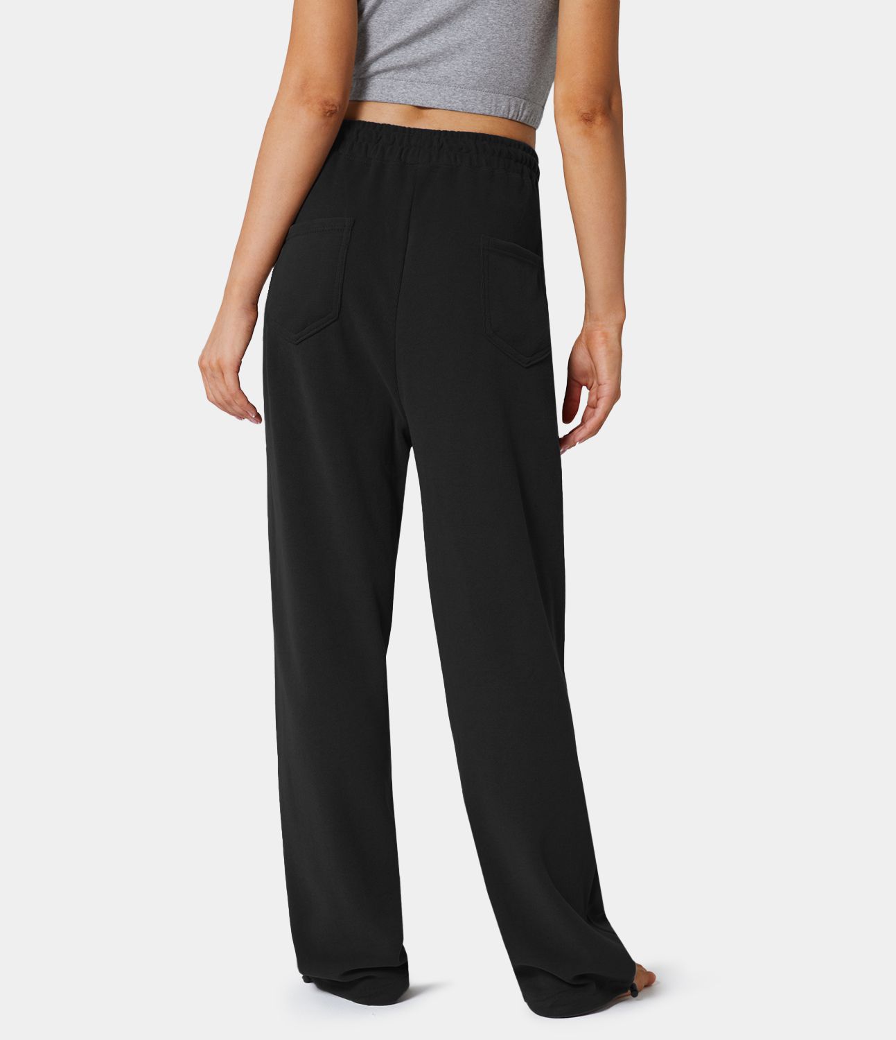 Inside Drawstring Elastic Waist Side Pocket Cotton Wide Leg Sweatpants