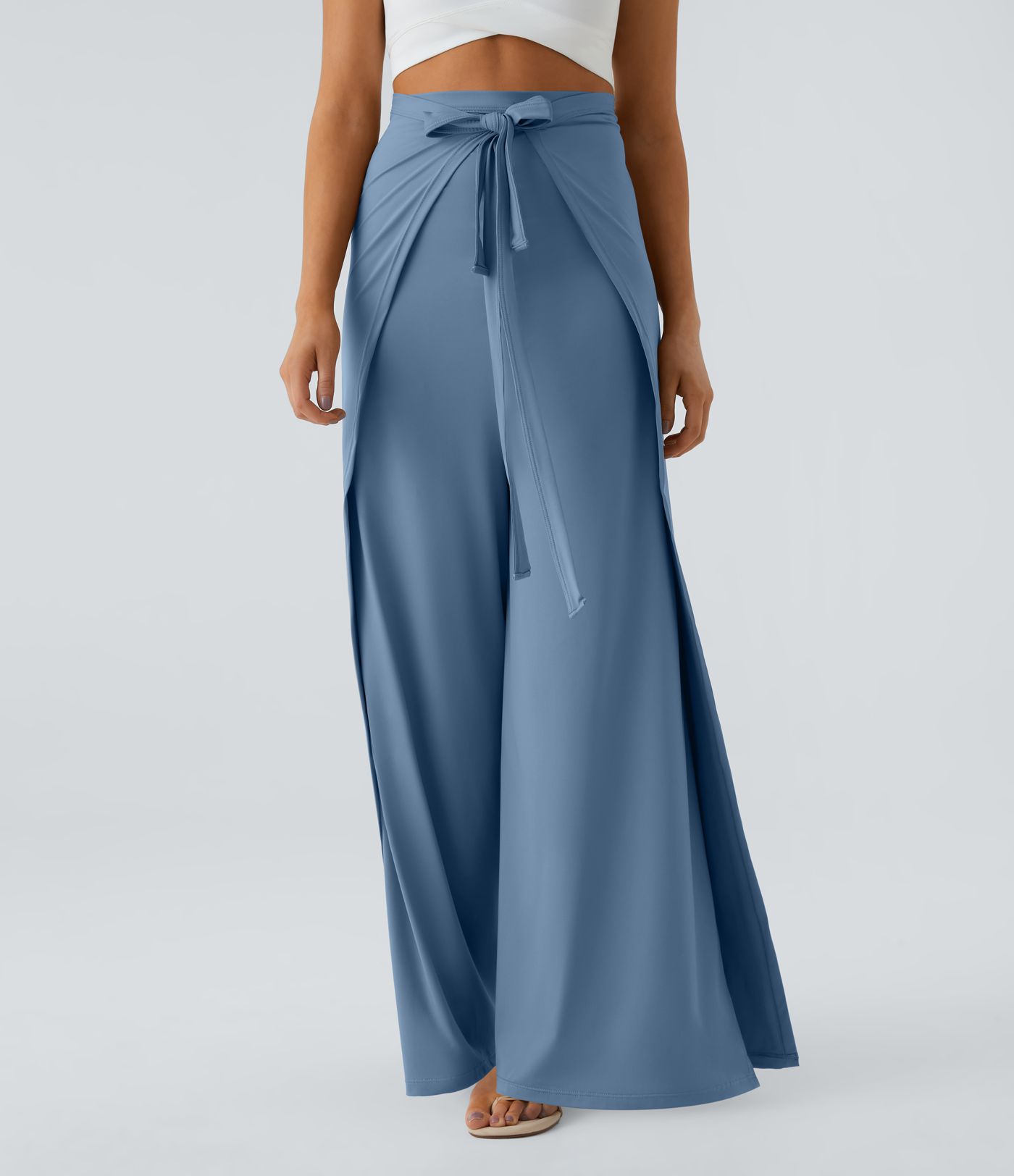 Pantalon Large Fluide Casual à Taille Haute avec Nœud Devant et Ourlet