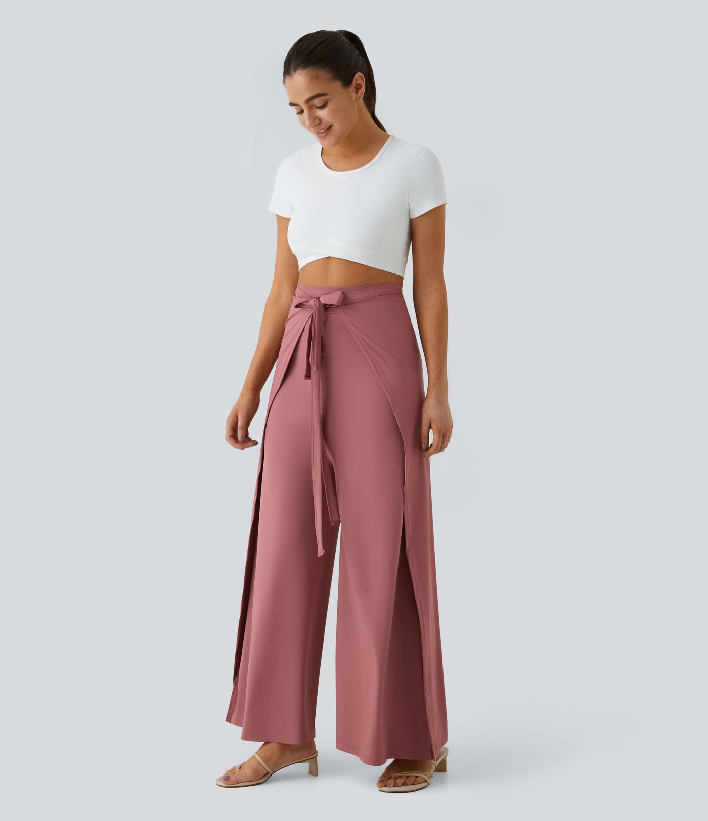 High Waisted Tie Front Hem Palazzo Wide Leg Flowy Casual Pants