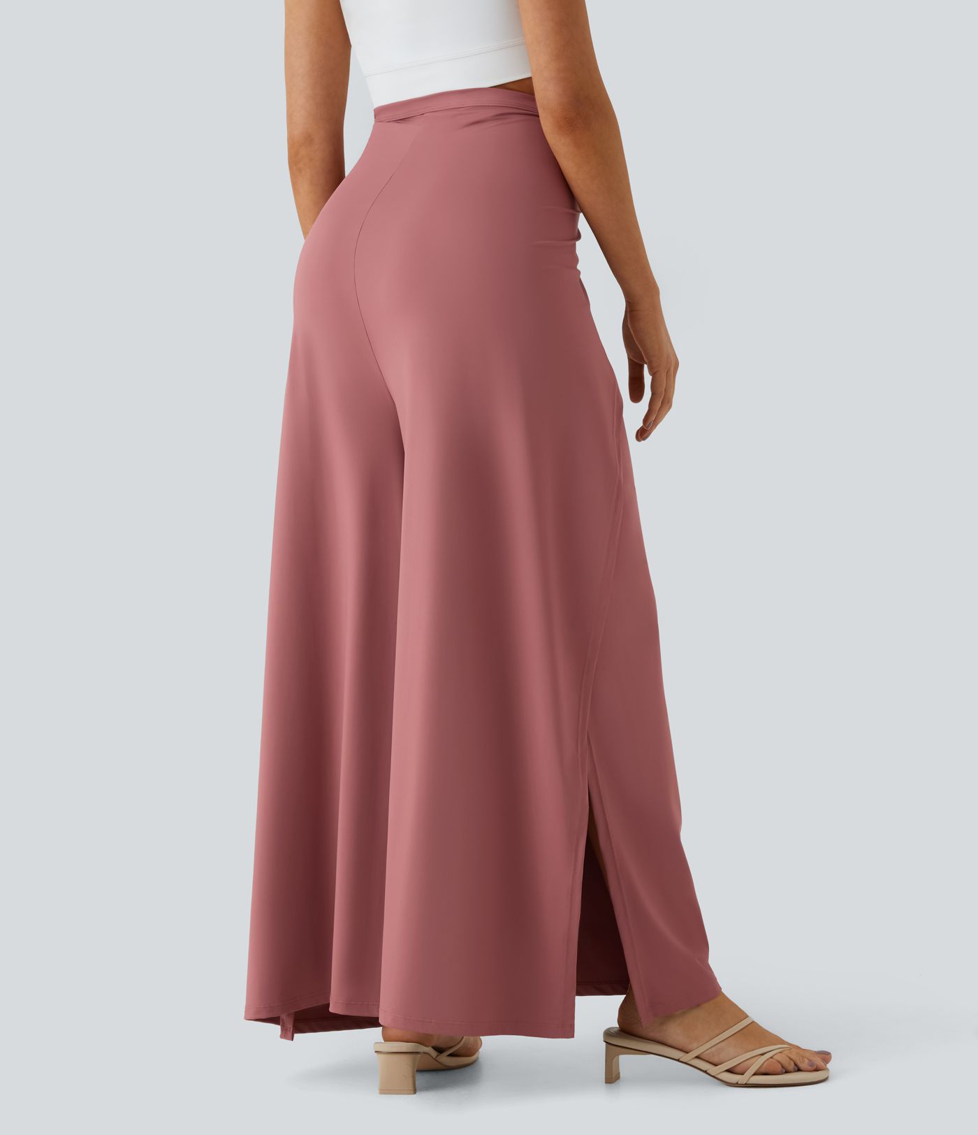 High Waisted Tie Front Hem Palazzo Wide Leg Flowy Casual Pants