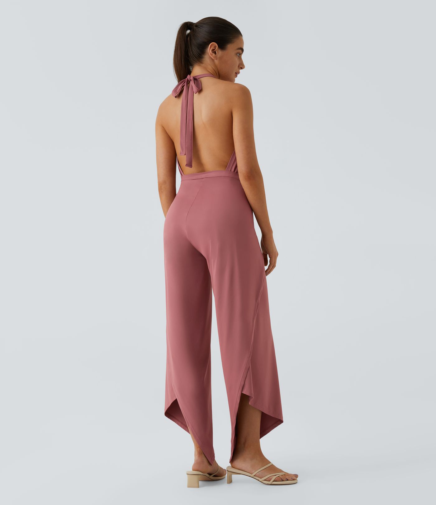 High Waisted Tie Front Hem Palazzo Wide Leg Flowy Casual Pants