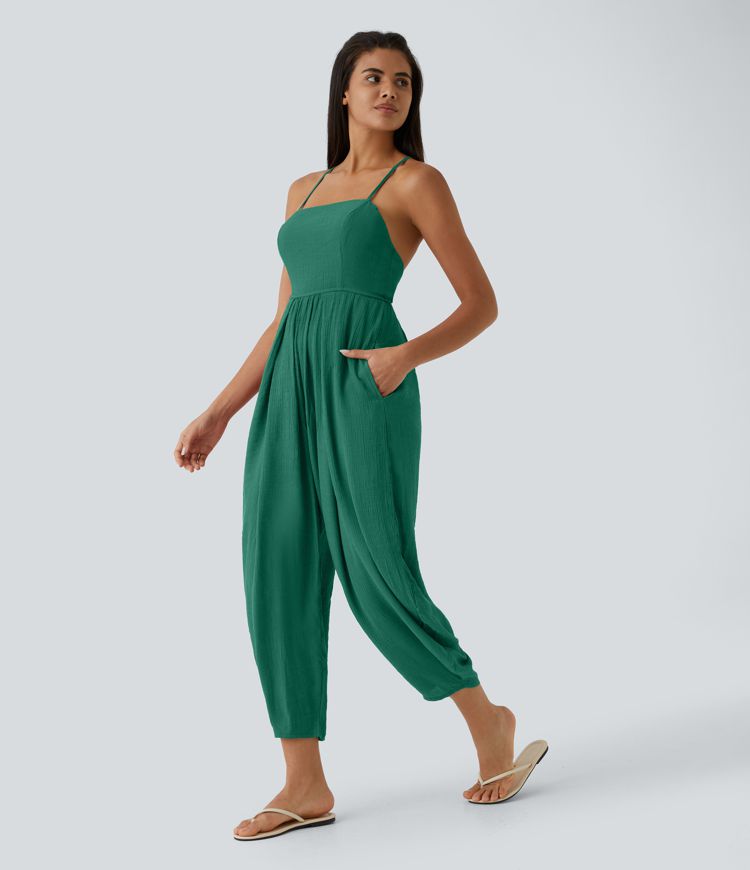 Spaghetti Strap Backless Lace Up Side Pocket Resort Jumpsuit