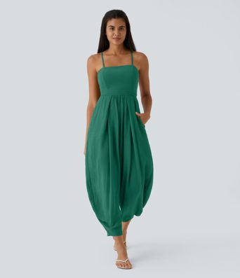 Spaghetti Strap Backless Lace Up Side Pocket Resort Jumpsuit