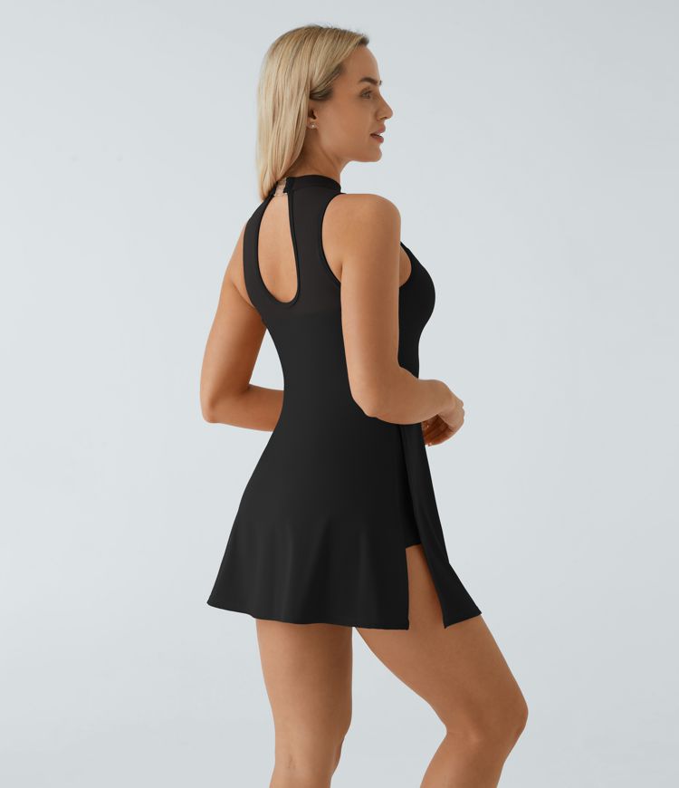 Contrast Mesh Buckle Backless Split 2-in-1 Side Pocket Dance Active Dress - Easy Peasy Edition