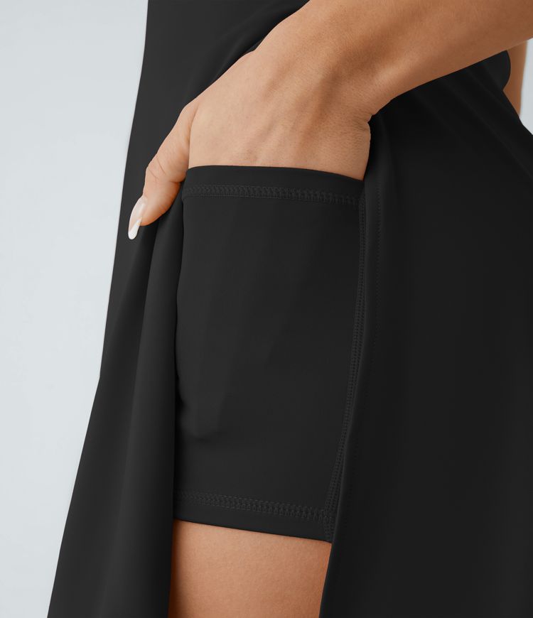 Contrast Mesh Buckle Backless Split 2-in-1 Side Pocket Dance Active Dress - Easy Peasy Edition