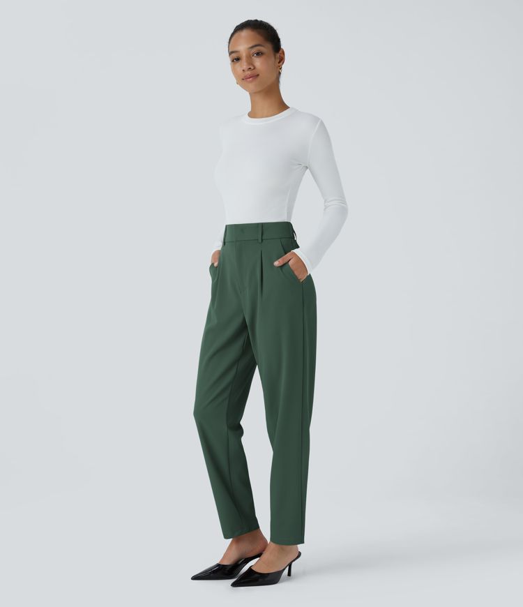 Pantalon Tailleur Fuselé Uni Poche Latérale Taille Haute