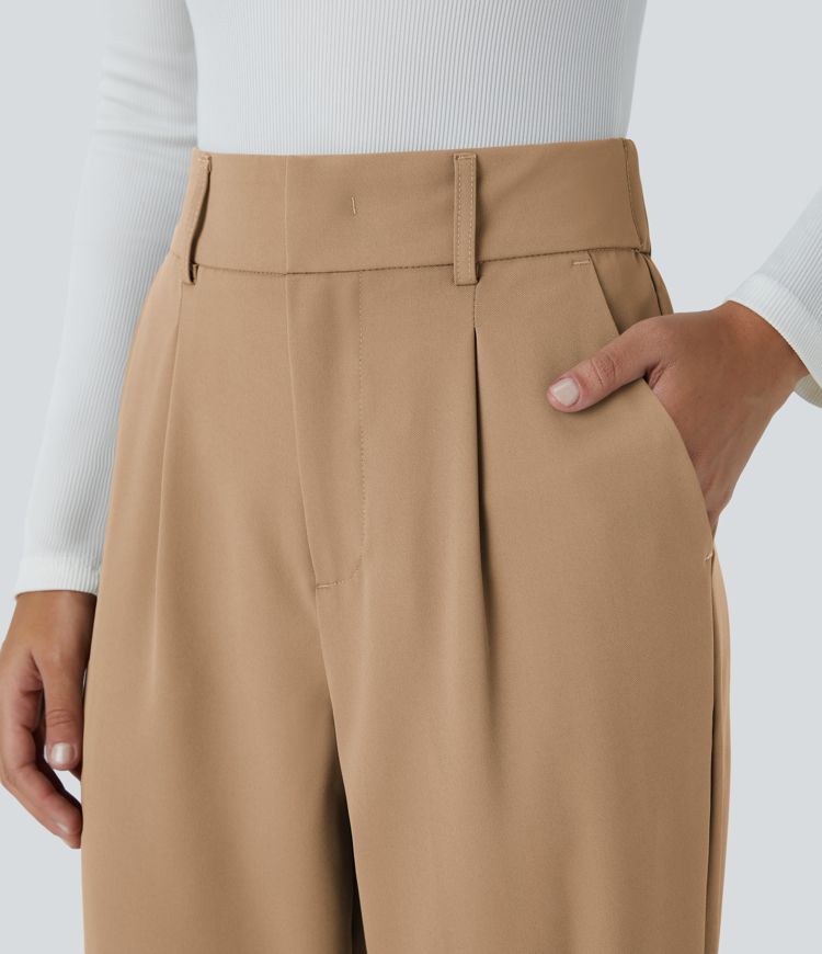High Waisted Pocket Solid Work Tapered Trousers