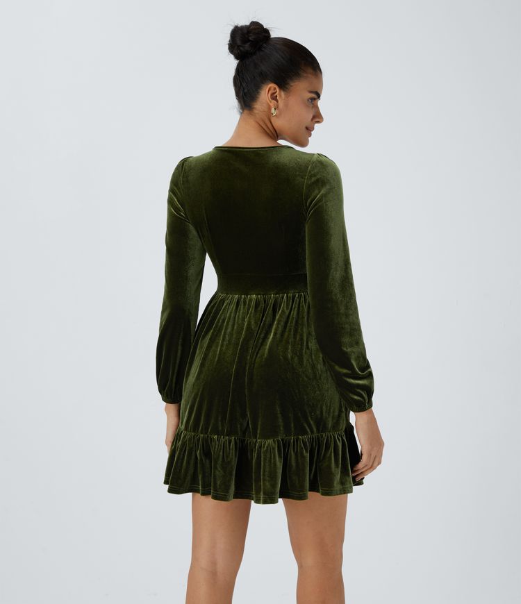 Everyday Deep V Neck Long Sleeve Ruffled Hem Velvet Mini Chill Party Dress