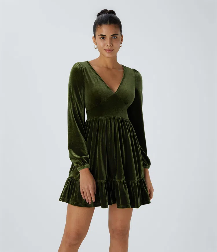 Everyday Deep V Neck Long Sleeve Ruffled Hem Velvet Mini Chill Dress