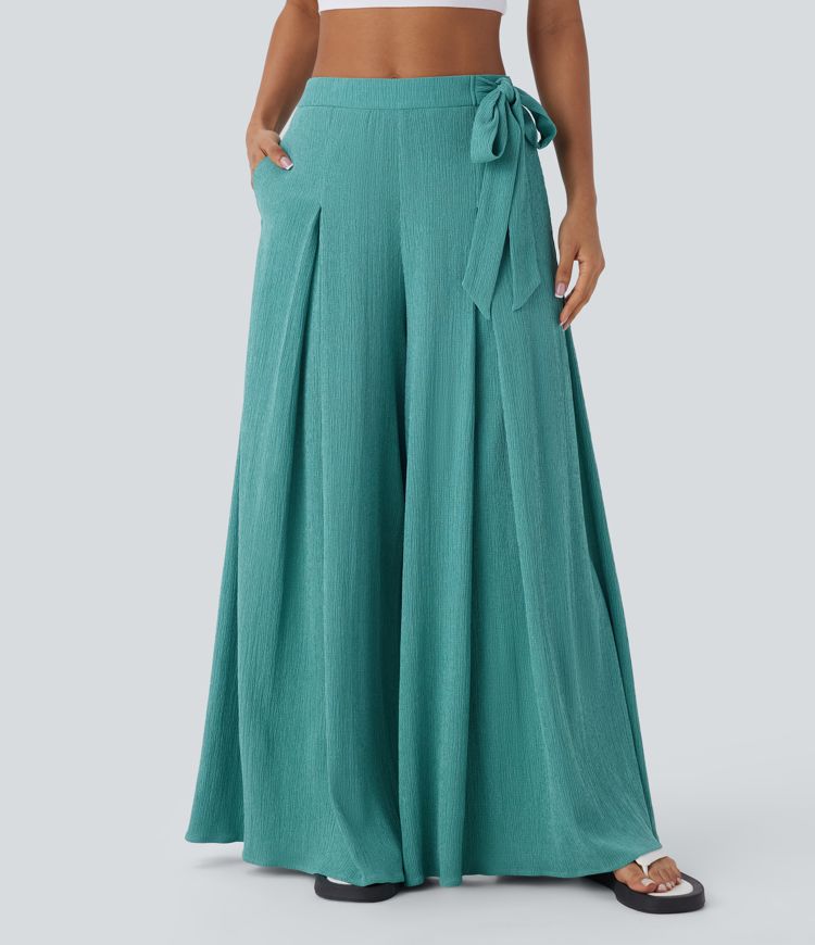 Fließende Freizeithose mit hohem Bund, Bindeband an der Seite und weitem Bein