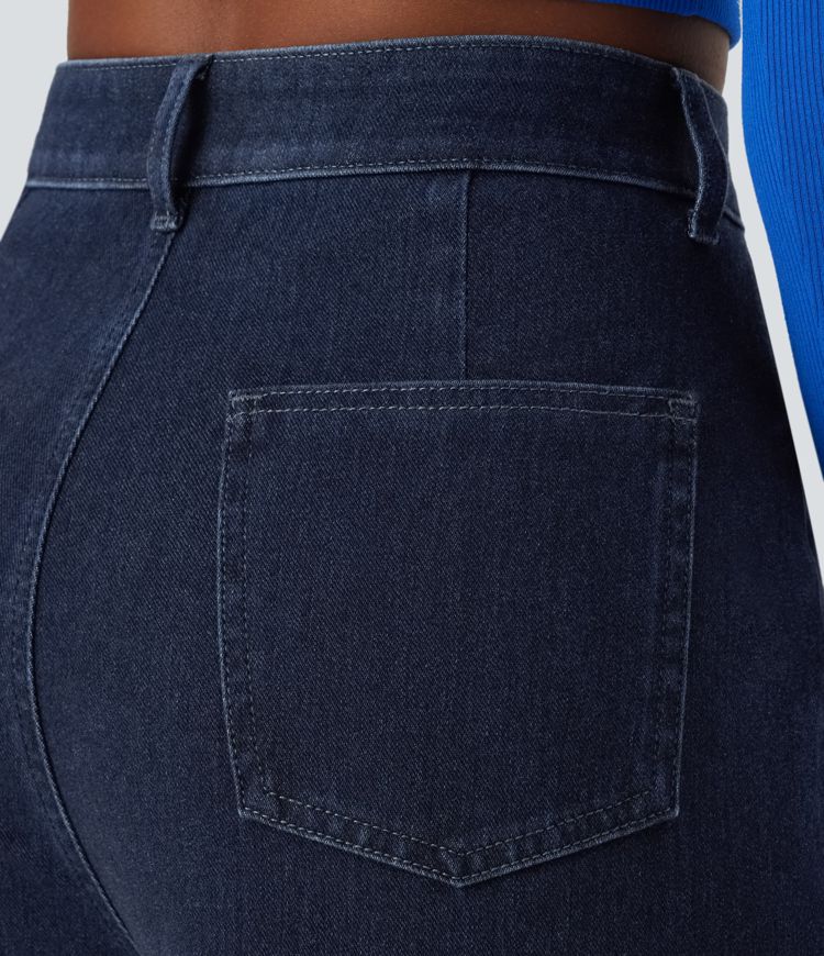 Halara Flex™ High Waist Button Zipper Foldable Multi-Pocket Split Stretch Knit Casual Wide Leg Full Length Jeans