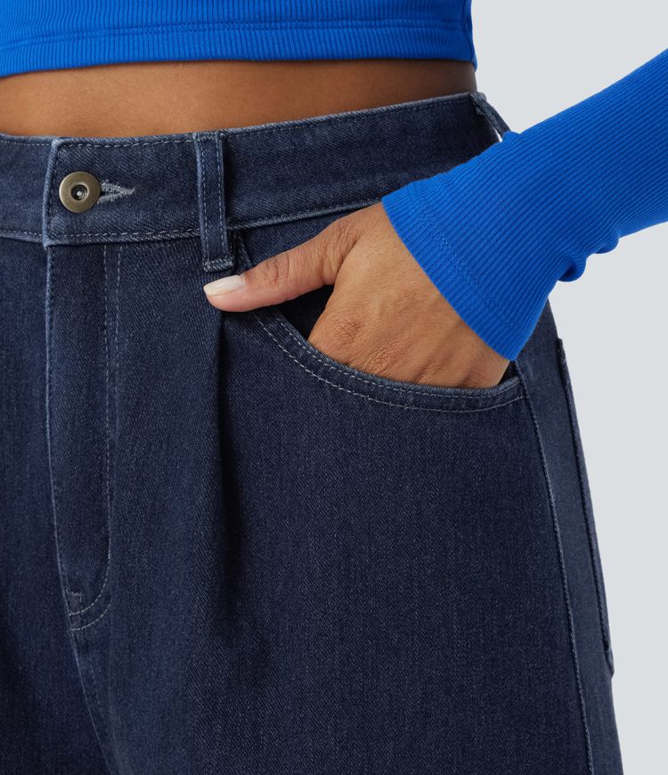 Halara Flex™ High Waist Button Zipper Foldable Multi-Pocket Split Stretch Knit Casual Wide Leg Full Length Jeans