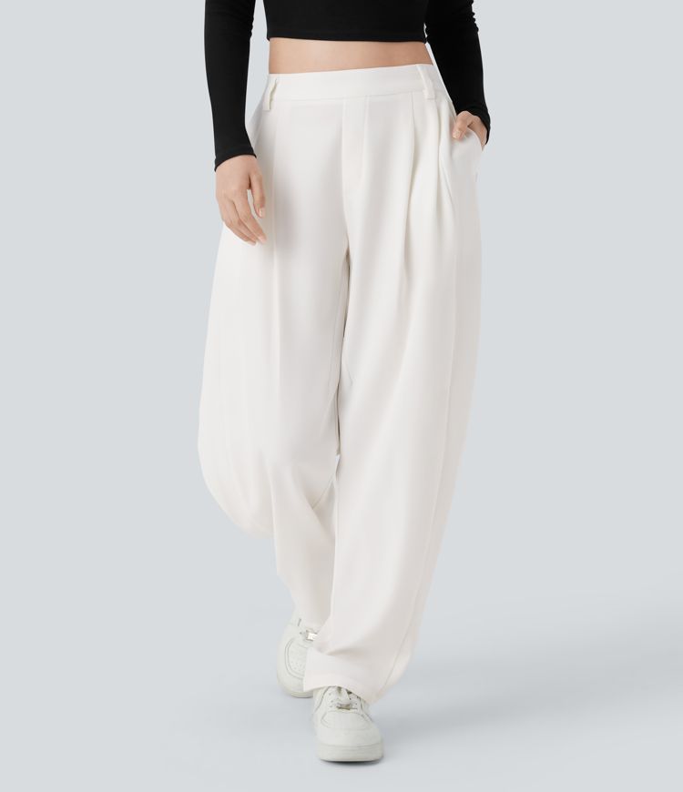 Pantalon Tailleur Plissé Taille Mi-Haute Poches Latérales