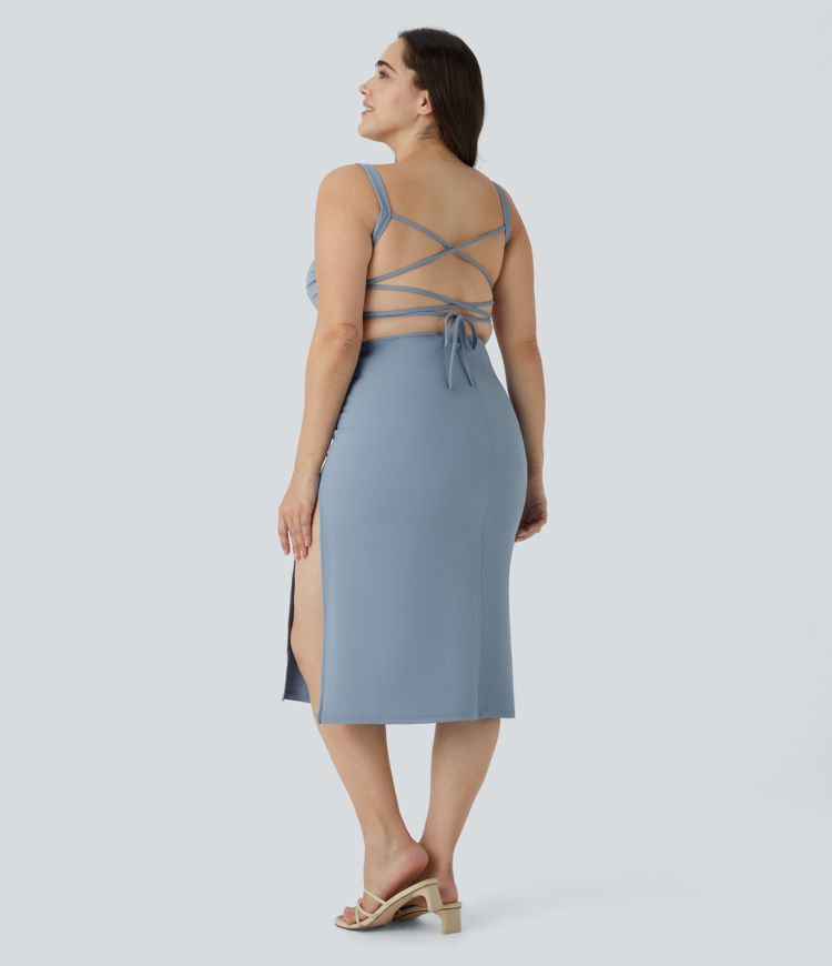 もりしたAIRY SLEEVE TIGHT DRESS Women's SoftlyZero™ Airy Ruched Lace Up Bodycon Midi Cool