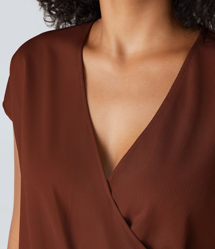 V Neck Short Sleeve Pocket Waffle Casual Romper