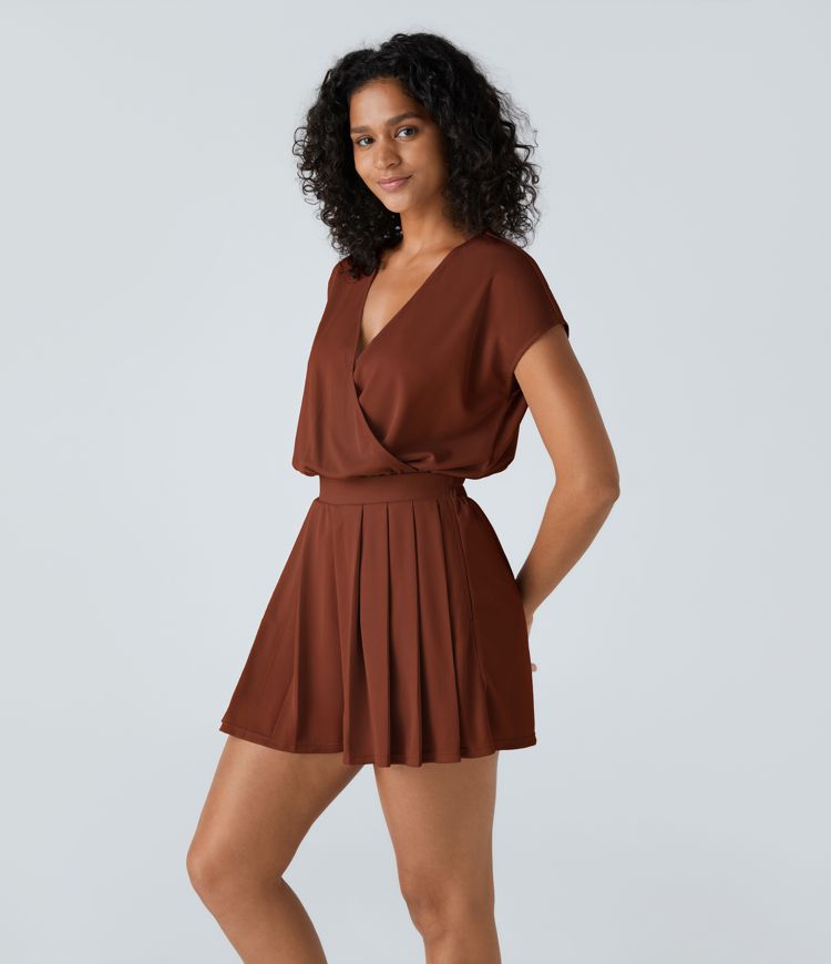 V Neck Short Sleeve Pocket Waffle Casual Romper