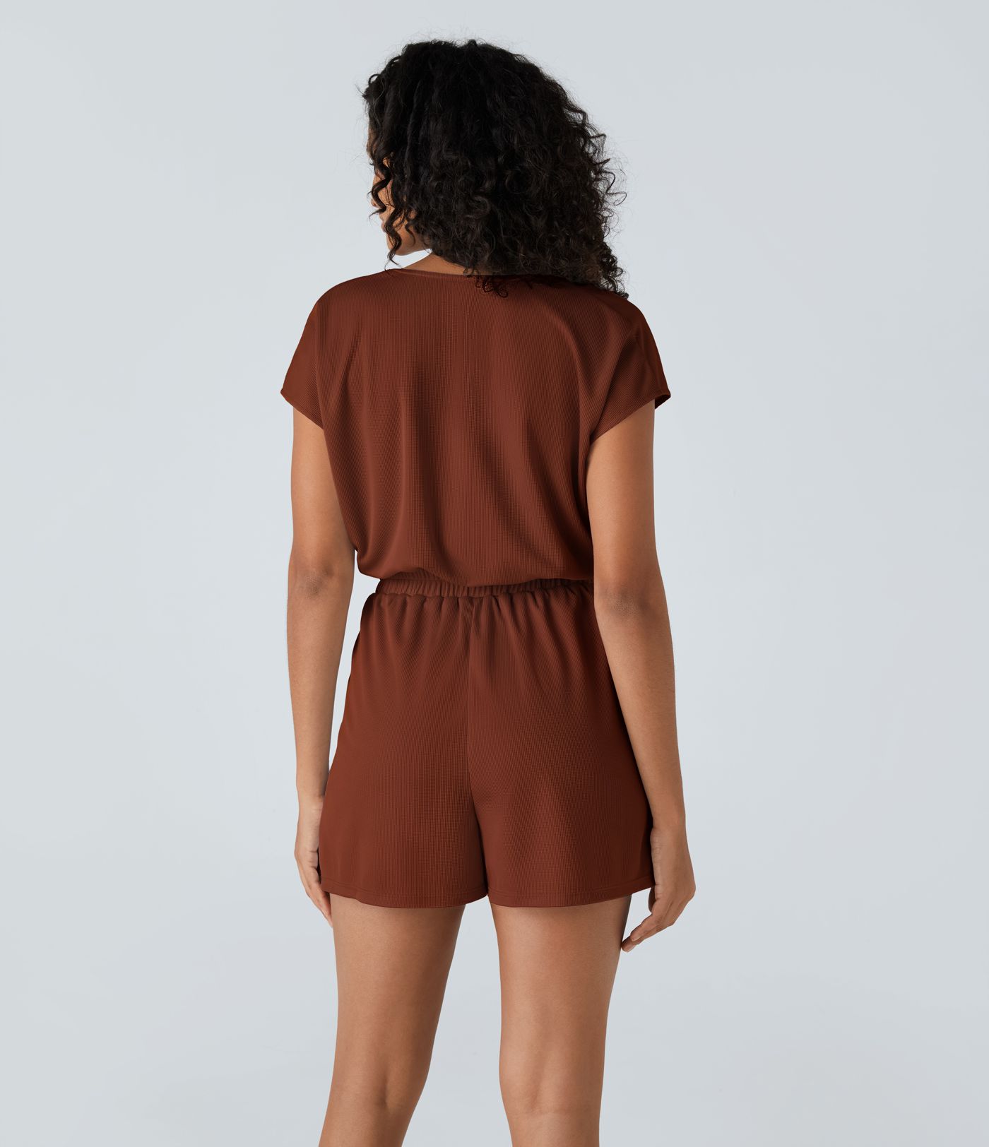 V Neck Short Sleeve Pocket Waffle Casual Romper