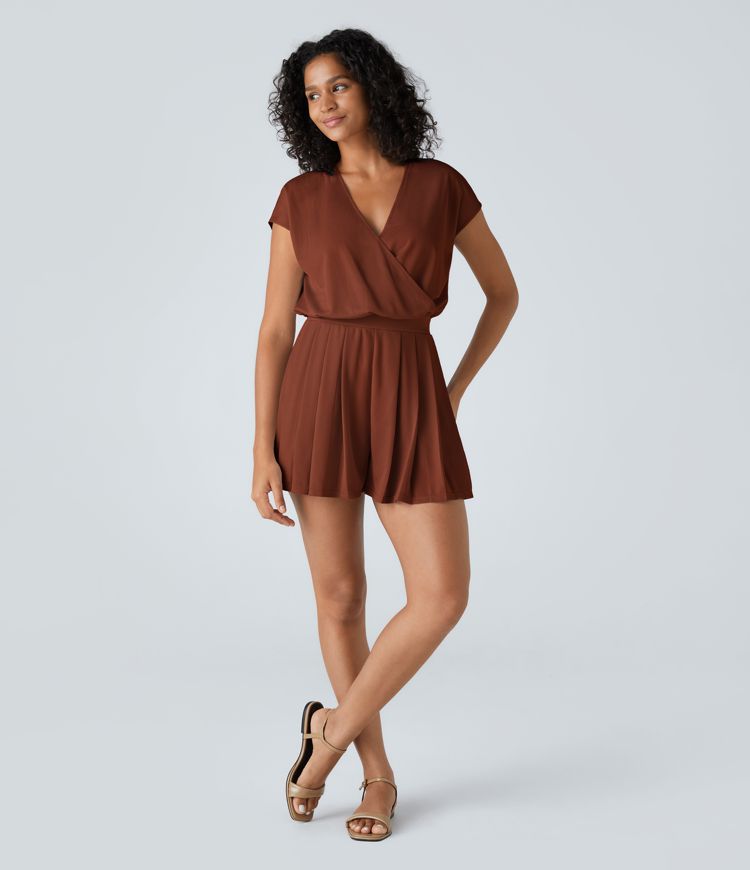 V Neck Short Sleeve Pocket Waffle Casual Romper