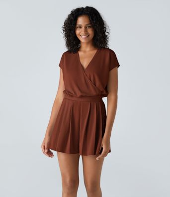 V Neck Short Sleeve Pocket Waffle Casual Romper