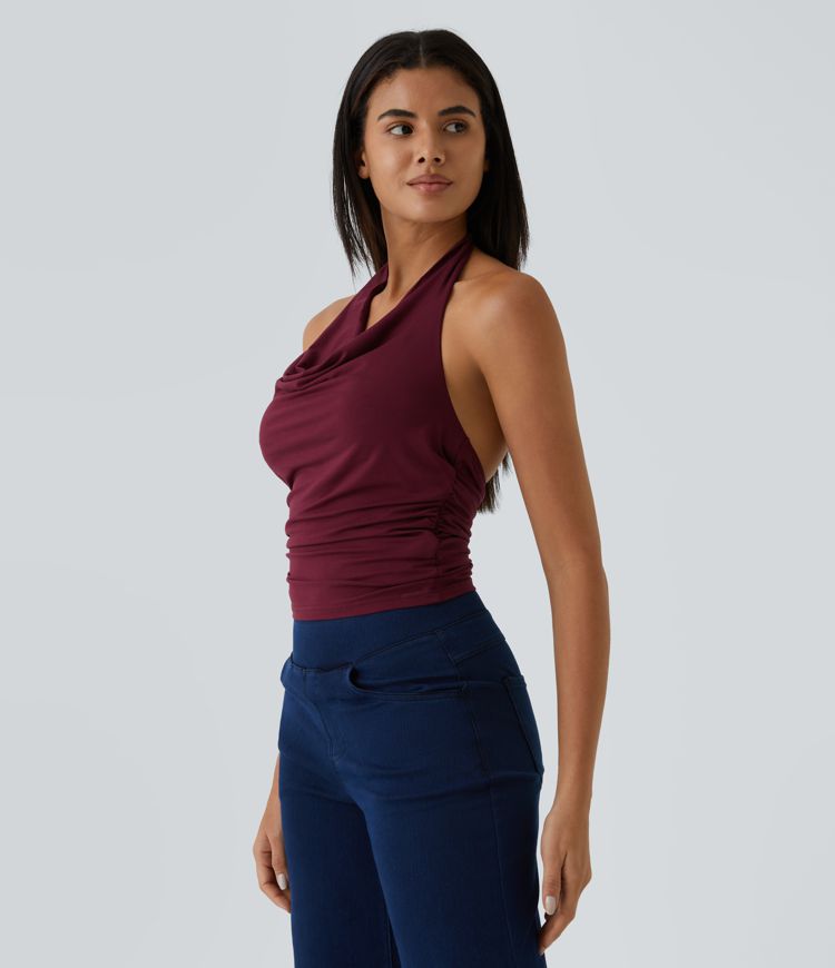 Halter Cowl Neck Backless Ruched Casual Tank Top