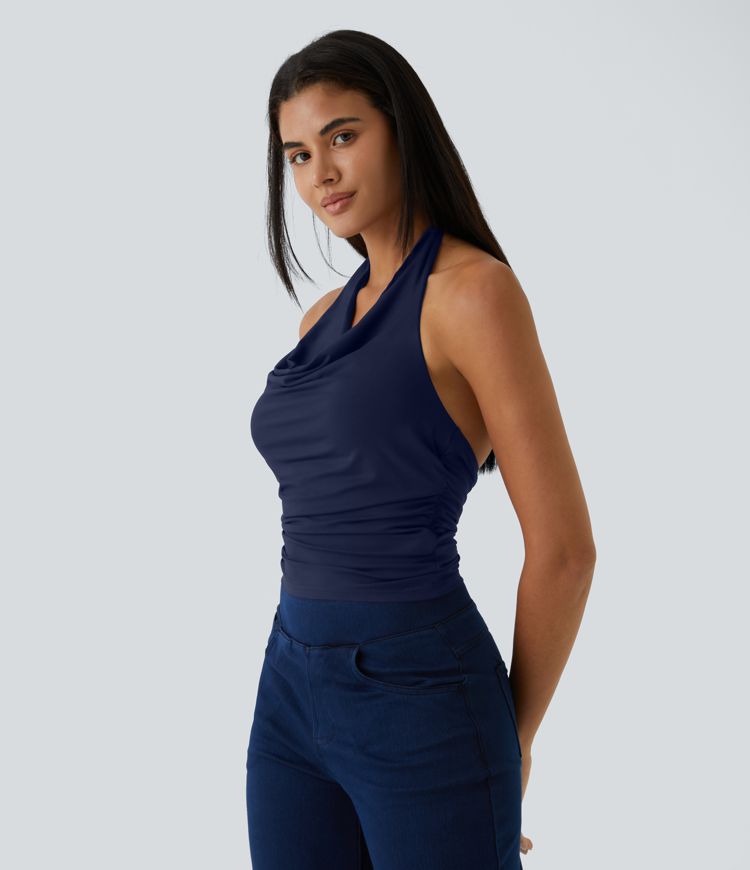Halter Cowl Neck Ruched Casual Tank Top