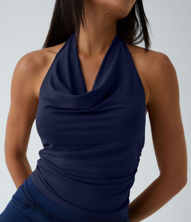 Halter Cowl Neck Ruched Casual Tank Top