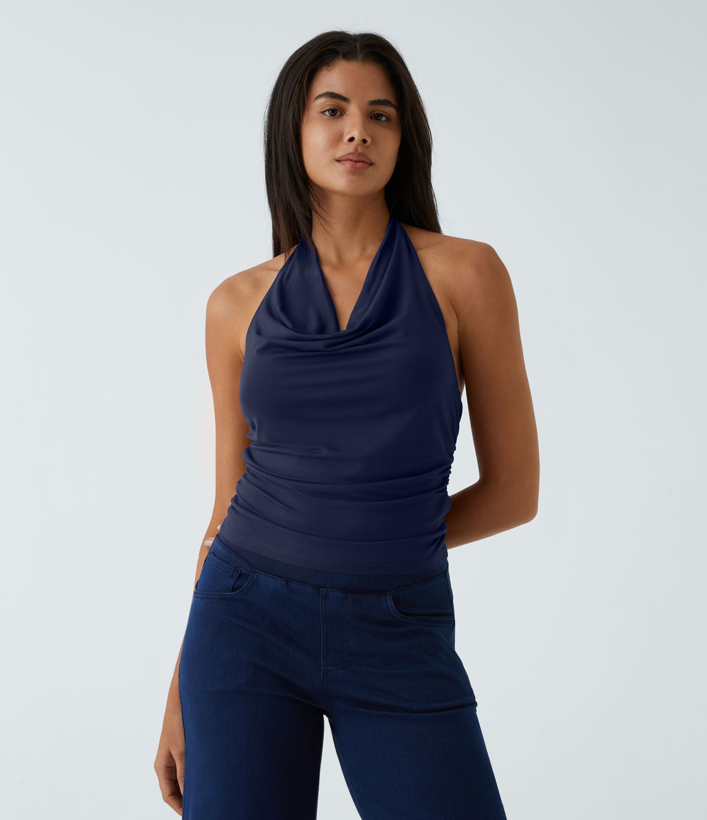 Halter Cowl Neck Ruched Casual Tank Top