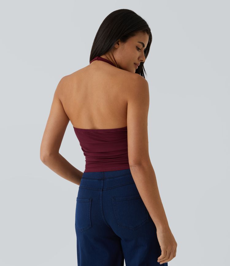 Halter Cowl Neck Backless Ruched Casual Tank Top