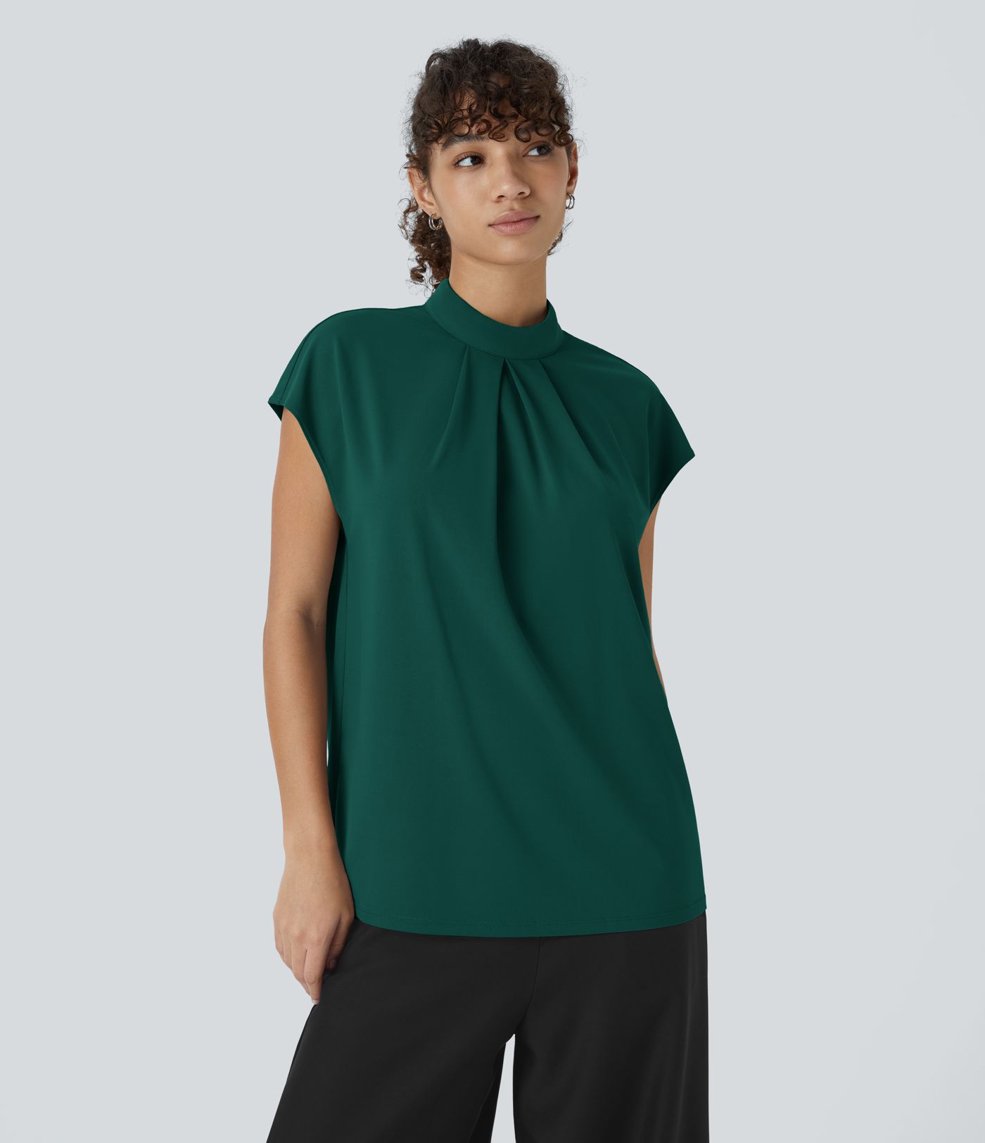 Stand Collar Back Cap Sleeve Work Blouse