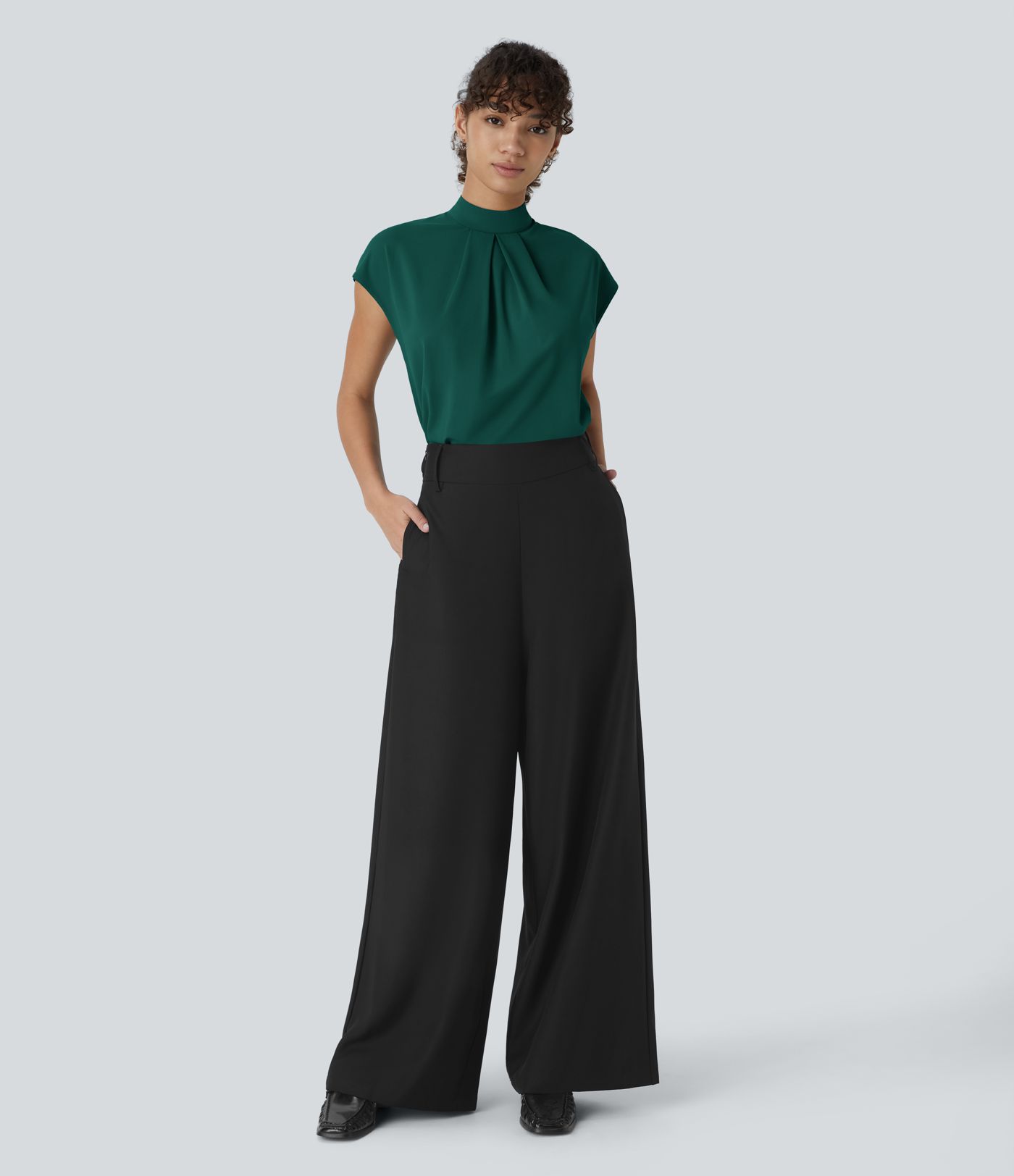 Stand Collar Back Cap Sleeve Work Blouse