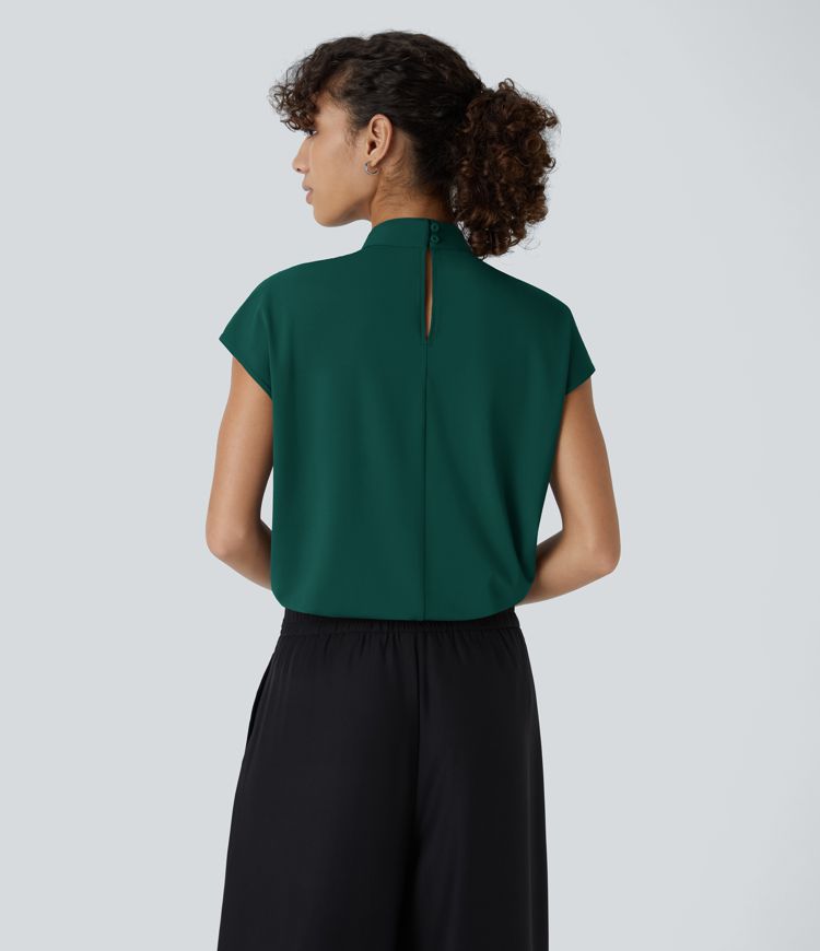 Stand Collar Plicated Button Back Cap Sleeve Work Blouse