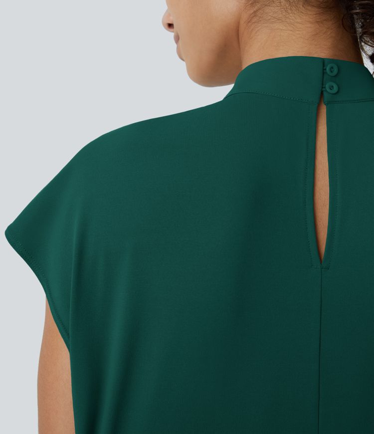 Stand Collar Back Cap Sleeve Work Blouse