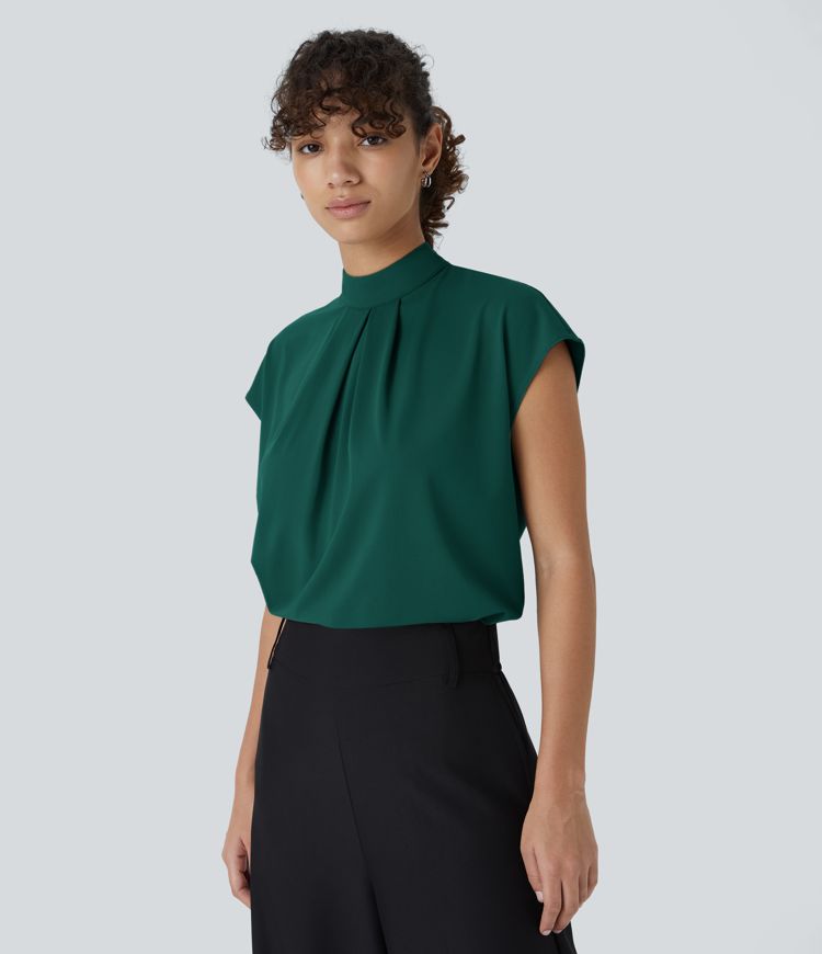 Stand Collar Plicated Button Back Cap Sleeve Work Blouse