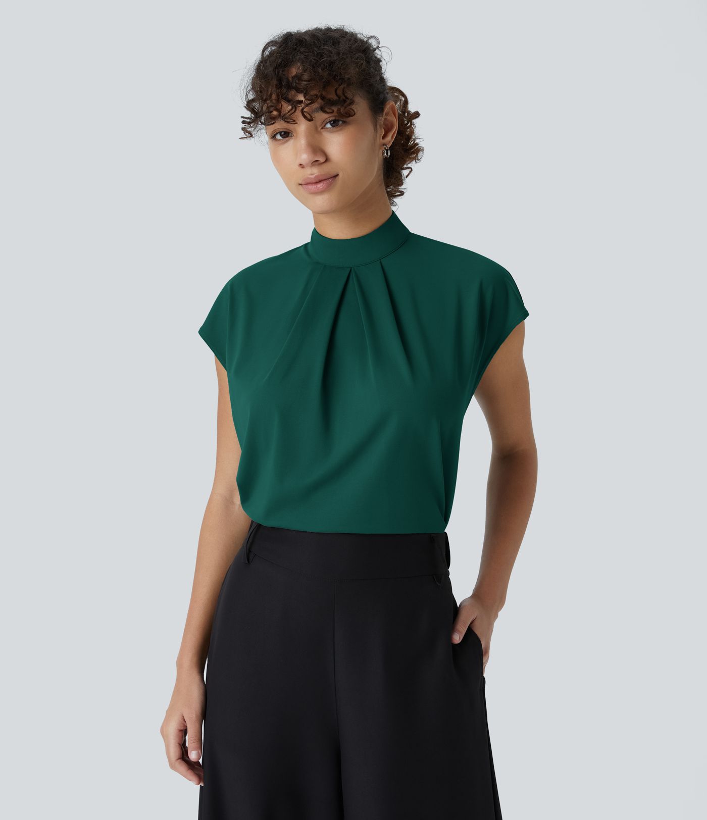 Stand Collar Back Cap Sleeve Work Blouse