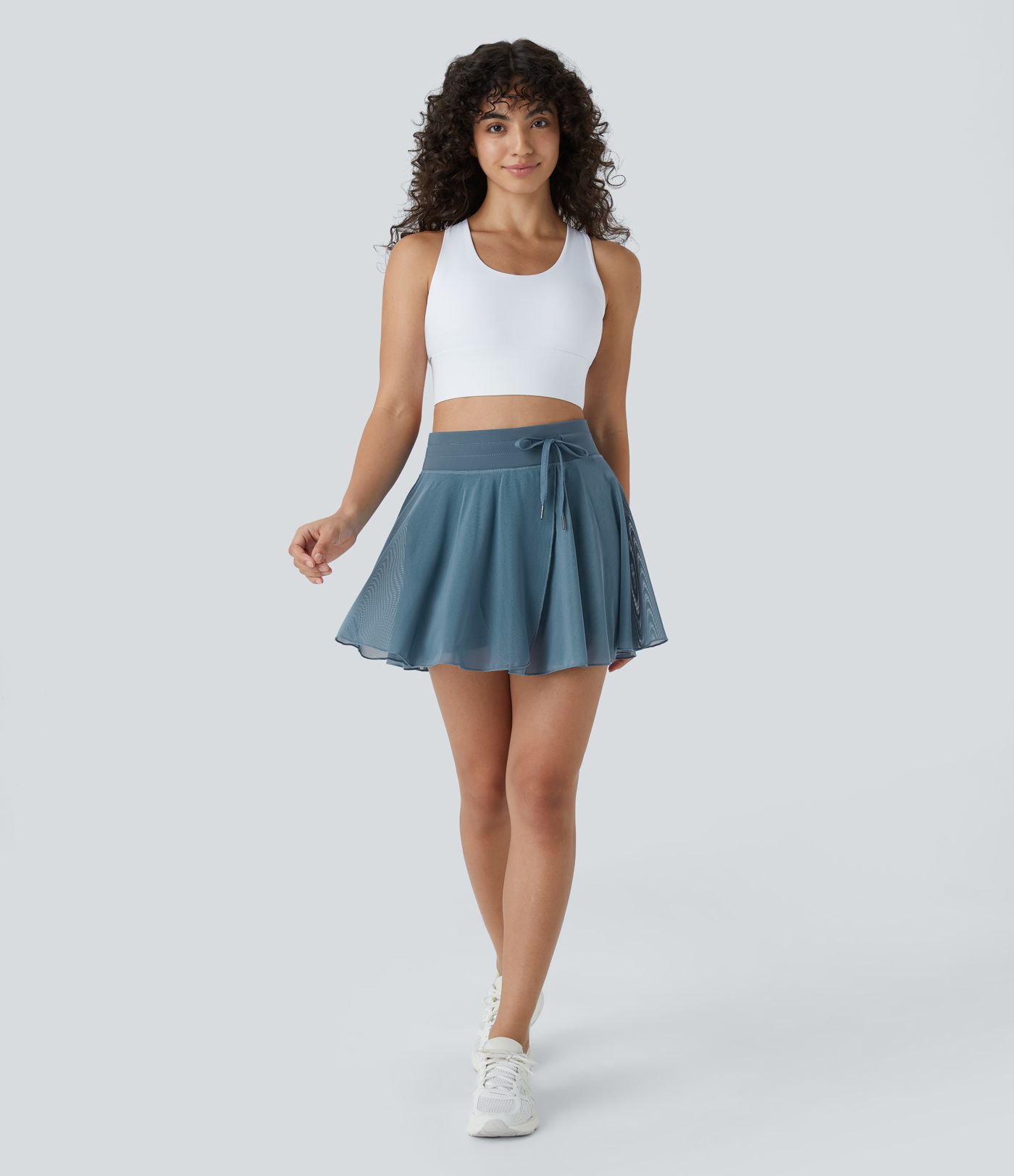 Jupe Casual Évasée Fluide 2 en 1 en Maille Contrastée Taille Haute Cordon de Serrage Poche Latérale