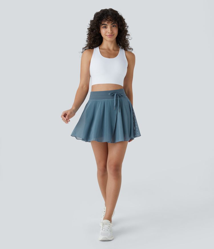 Jupe Casual Évasée Fluide 2 en 1 en Maille Contrastée Taille Haute Cordon de Serrage Poche Latérale