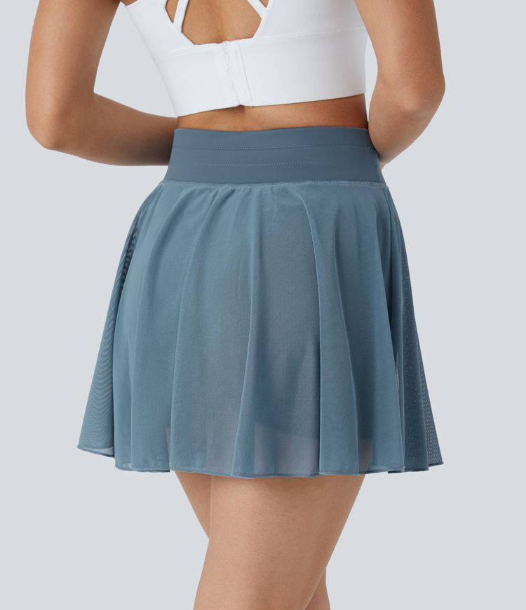 Jupe Casual Évasée Fluide 2 en 1 en Maille Contrastée Taille Haute Cordon de Serrage Poche Latérale