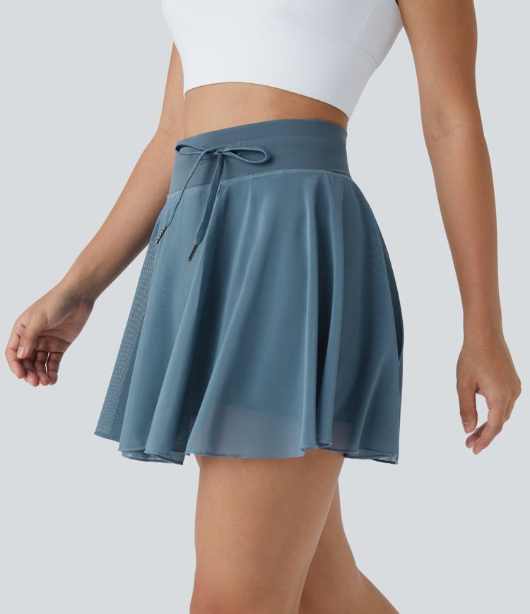 Jupe Casual Évasée Fluide 2 en 1 en Maille Contrastée Taille Haute Cordon de Serrage Poche Latérale