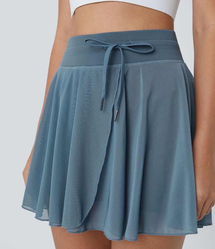 Jupe Casual Évasée Fluide 2 en 1 en Maille Contrastée Taille Haute Cordon de Serrage Poche Latérale