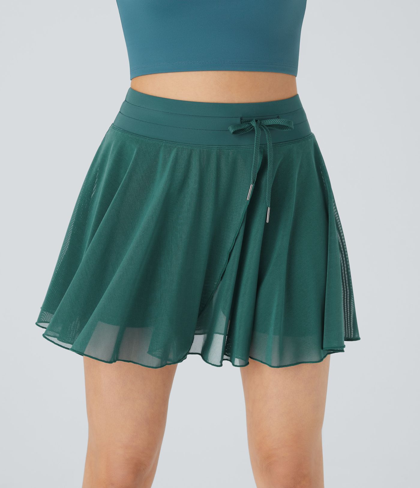 High Waisted Drawstring Contrast Mesh 2-in-1 Side Pocket Flowy Mini Flare Casual Skirt