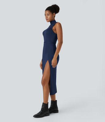 Ribbed Hooded High Neck Sleeveless Cut Out Tie Back 2-Piece Midi Casual Dress