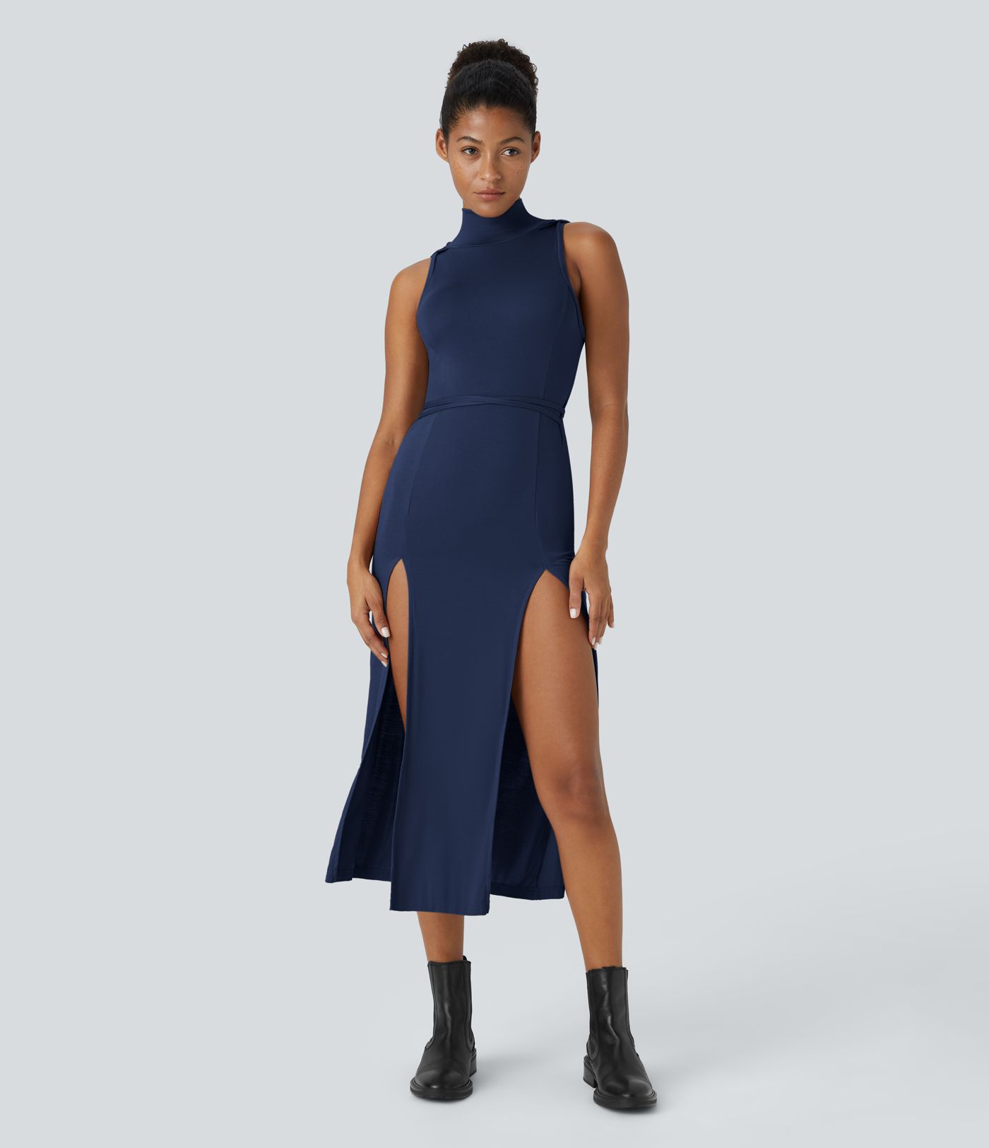 Ribbed Hooded High Neck Sleeveless Cut Out Tie Back 2-Piece Midi Casual Dress