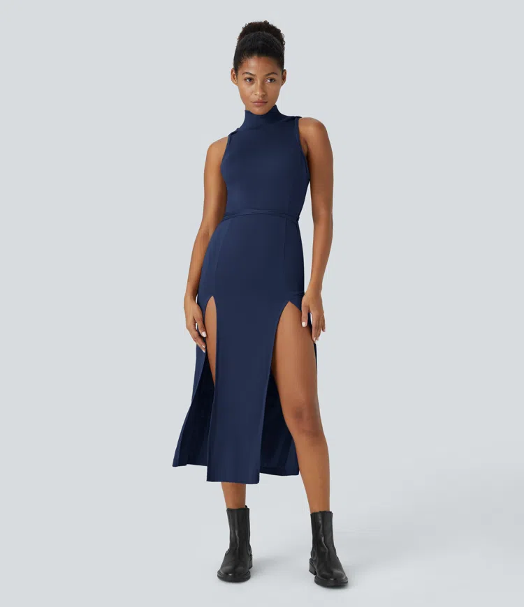 Ribbed Hooded High Neck Sleeveless Cut Out Tie Back 2-Piece Midi Casual Dress