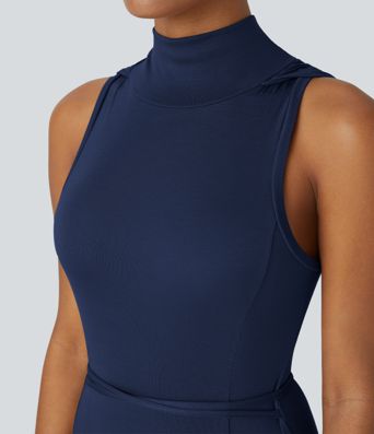 Ribbed Hooded High Neck Sleeveless Cut Out Tie Back 2-Piece Midi Casual Dress