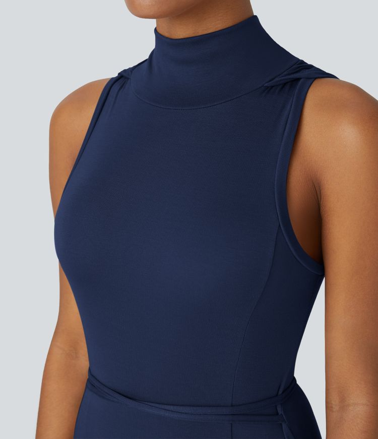 Ribbed Hooded High Neck Sleeveless Cut Out Tie Back 2-Piece Midi Casual Dress