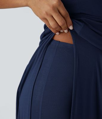 Ribbed Hooded High Neck Sleeveless Cut Out Tie Back 2-Piece Midi Casual Dress