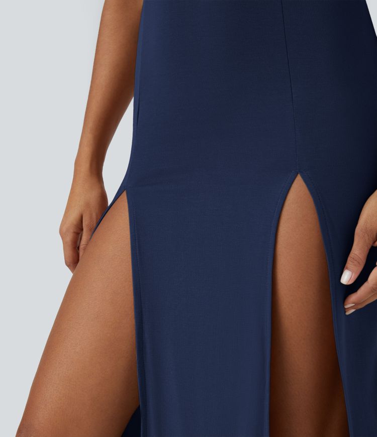 Ribbed Hooded High Neck Sleeveless Cut Out Tie Back 2-Piece Midi Casual Dress