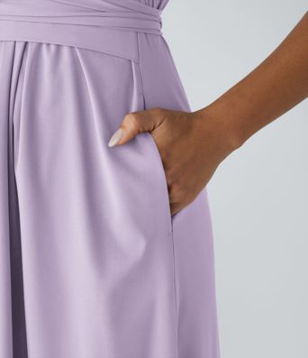 Breezeful™ V Neck Short Sleeve Pocket Tie Back Quick Dry Midi Casual Dress-Longer Length