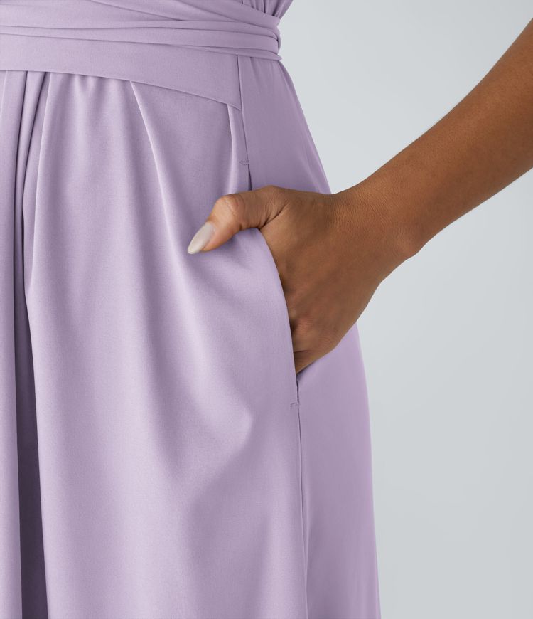 Breezeful™ V Neck Short Sleeve Pocket Tie Back Quick Dry Midi Casual Dress-Longer Length